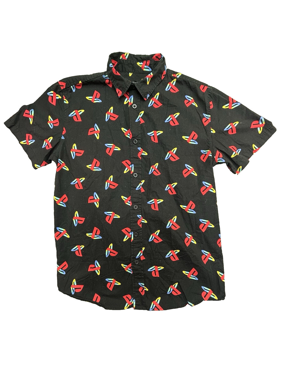 PlayStation Mens M Black Graphic Logo Print Short Sleeve Cotton Button Up